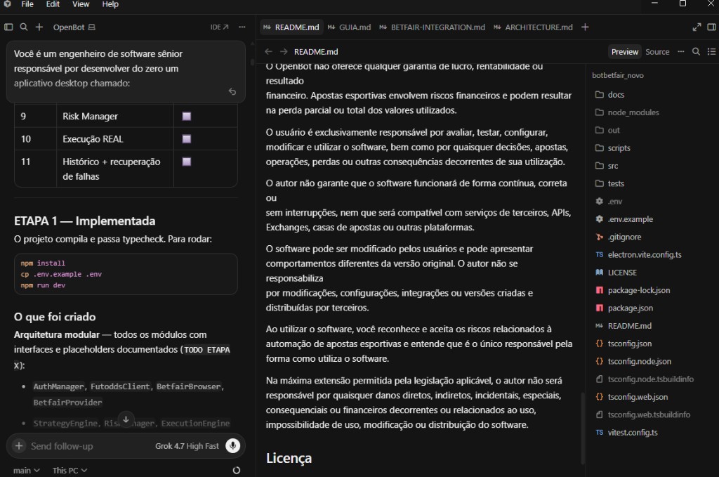 OpenBot sendo desenvolvido e personalizado no Cursor com IA