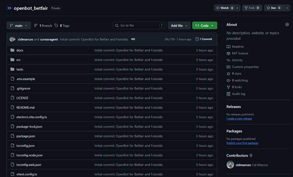 Repositório privado do OpenBot no GitHub, com o código do aplicativo, a documentação e a licença MIT