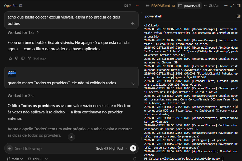 Chat com IA no Cursor ajustando o OpenBot e terminal com logs do bot